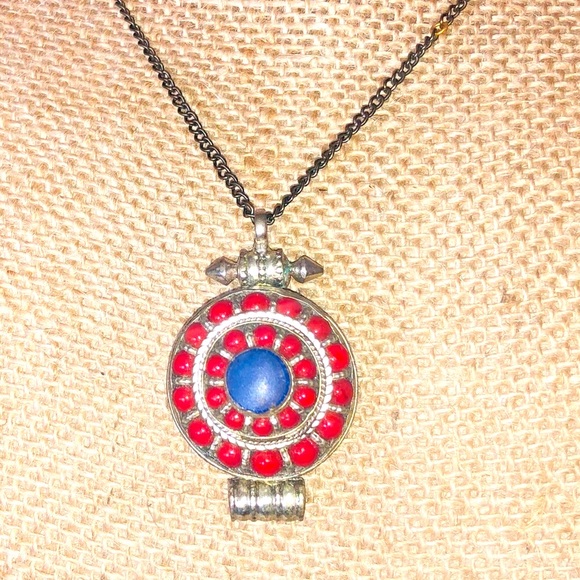 Vintage Silver and Blue & Red Stone Necklace - Picture 2 of 5